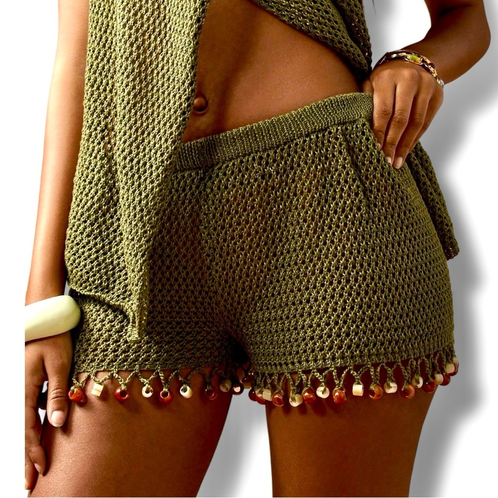 Missguided Crochet Olive Green Boho Shorts With Beaded Fringe Hem Size XLarge